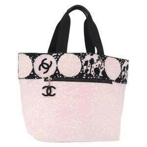 CHANEL Tote Bag Canvas Pink Silver CC Auth 158837